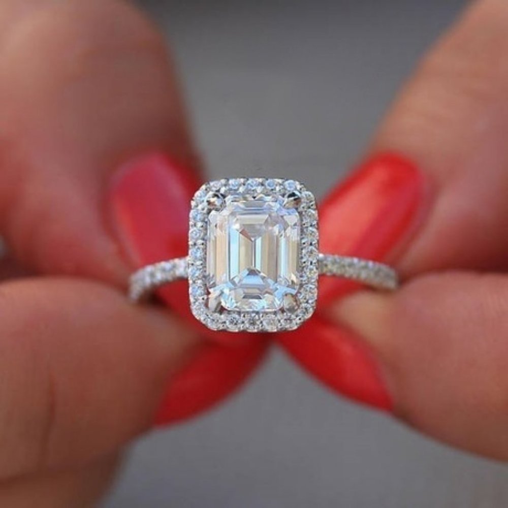 NEW 925 Silver Diamond Halo Emerald Cut Ring B